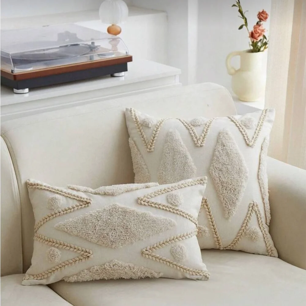 2-Piece Boho Textured Pillow Covers Set | Square + Lumbar | Neutral Decor